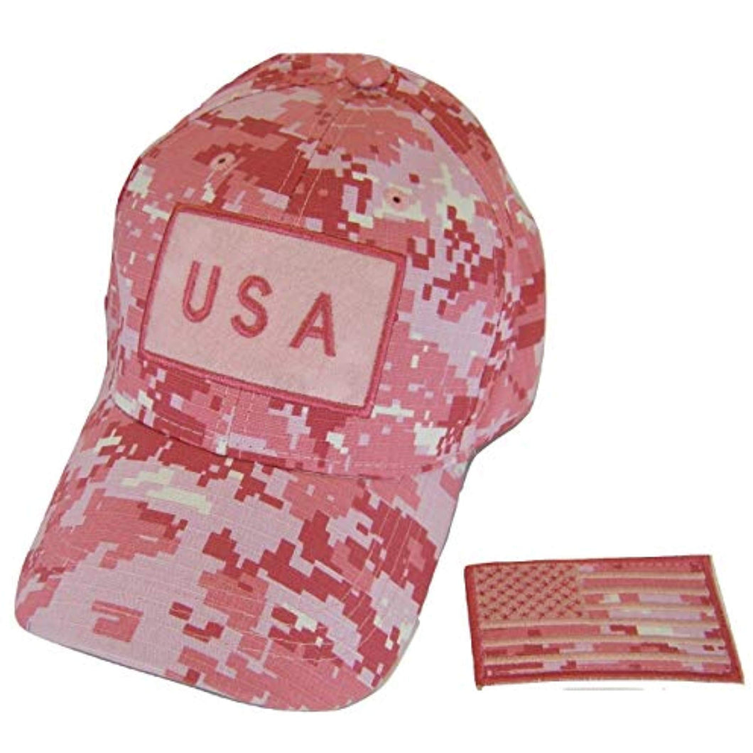 USA Camouflage Cotton Adjustable Baseball Cap with Detachable Patch (Pink Digital)