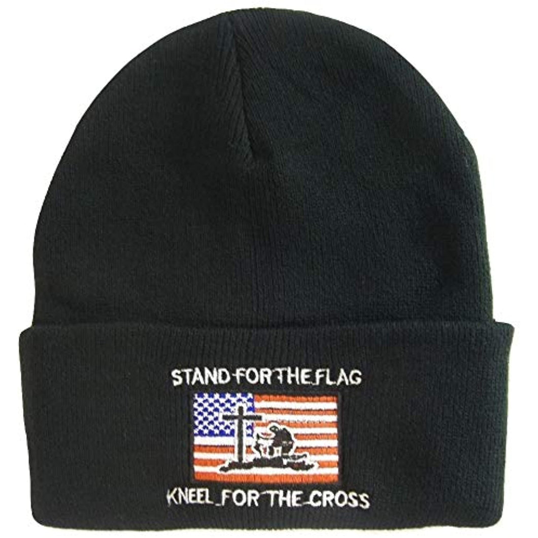 Stand for The Flag Kneel for The Cross USA Flag Winter Knit Beanie Hat (Black)