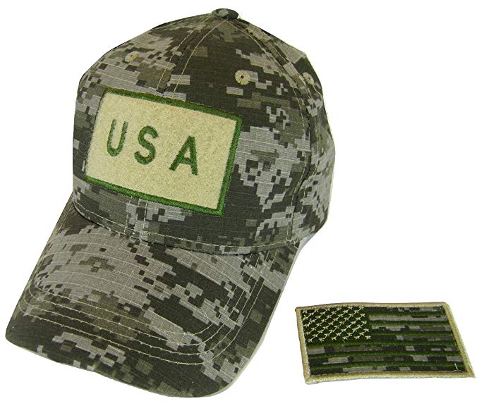 USA Camouflage Cotton Adjustable Baseball Cap with Detachable Patch (Green Digital)