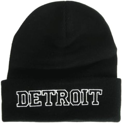 Detroit City Name Cuffed Winter Knit Beanie Toboggan Hat (Black/White)