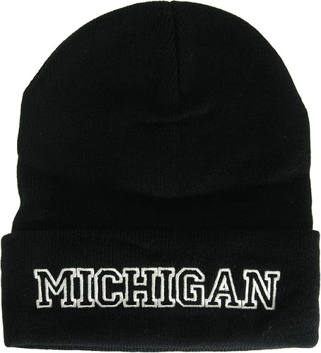 Michigan Cuffed Winter Knit Beanie Toboggan Hat (Black/White)