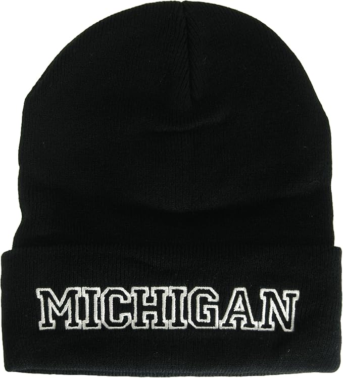 Michigan Cuffed Winter Knit Beanie Toboggan Hat (Black/White)