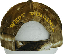 West Virginia Block and Script Lettering Baseball Cap with Embroidered Bill (Hunting Camo/Gold)