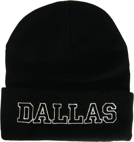 Dallas City Name Cuffed Winter Knit Beanie Toboggan Hat (Black/White)