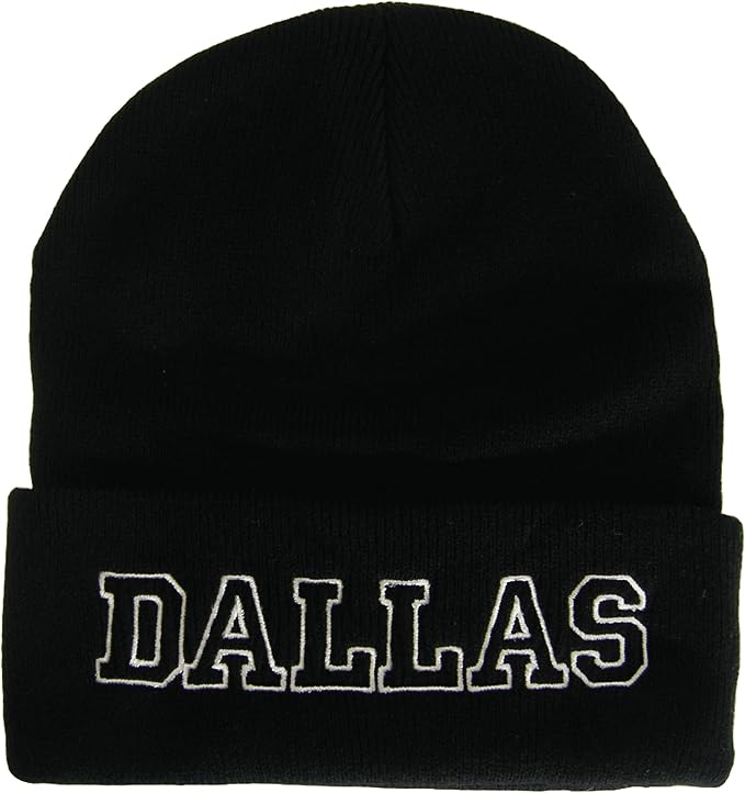 Dallas City Name Cuffed Winter Knit Beanie Toboggan Hat (Black/White)