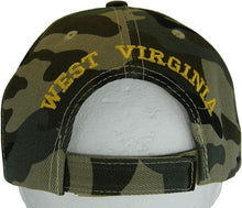 West Virginia Block and Script Lettering Baseball Cap with Embroidered Bill (Military Camo/Gold)