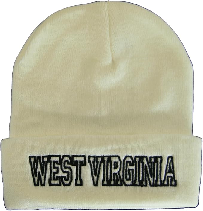West Virginia Cuffed Winter Knit Beanie Toboggan Hat (White/Black)