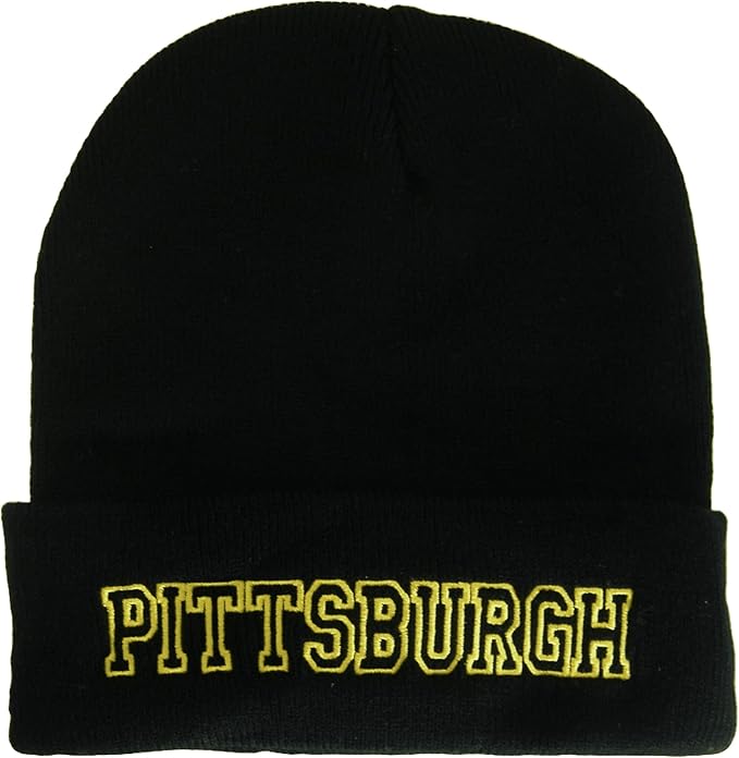 Pittsburgh City Name Cuffed Winter Knit Beanie Toboggan Hat (Black/Gold)