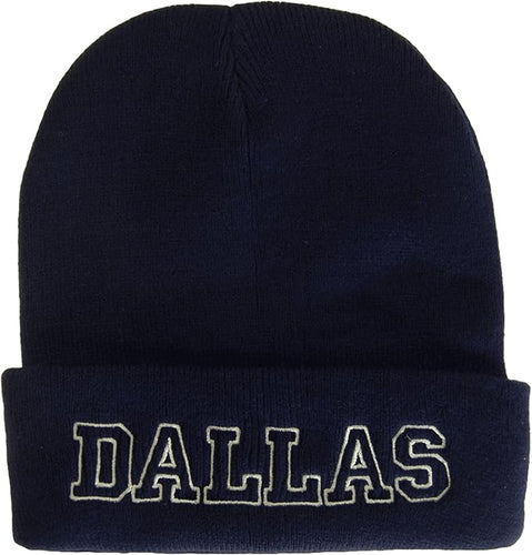 Dallas City Name Cuffed Winter Knit Beanie Toboggan Hat (Navy/Gray)