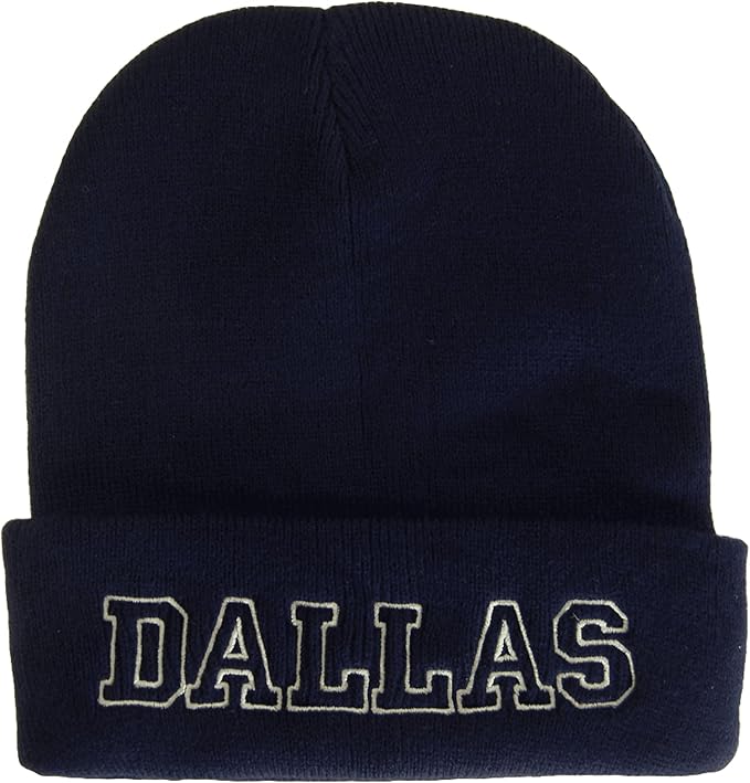 Dallas City Name Cuffed Winter Knit Beanie Toboggan Hat (Navy/Gray)