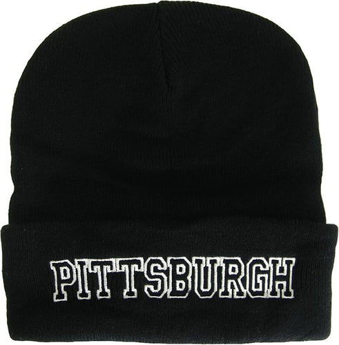 Pittsburgh City Name Cuffed Winter Knit Beanie Toboggan Hat (Black/White)