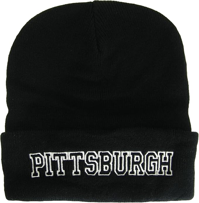 Pittsburgh City Name Cuffed Winter Knit Beanie Toboggan Hat (Black/White)