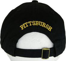 Pittsburgh City Name Buckle Back Adjustable Cotton Baseball Cap (Black/Gold Script)