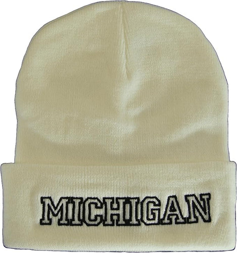 Michigan Cuffed Winter Knit Beanie Toboggan Hat (White/Black)