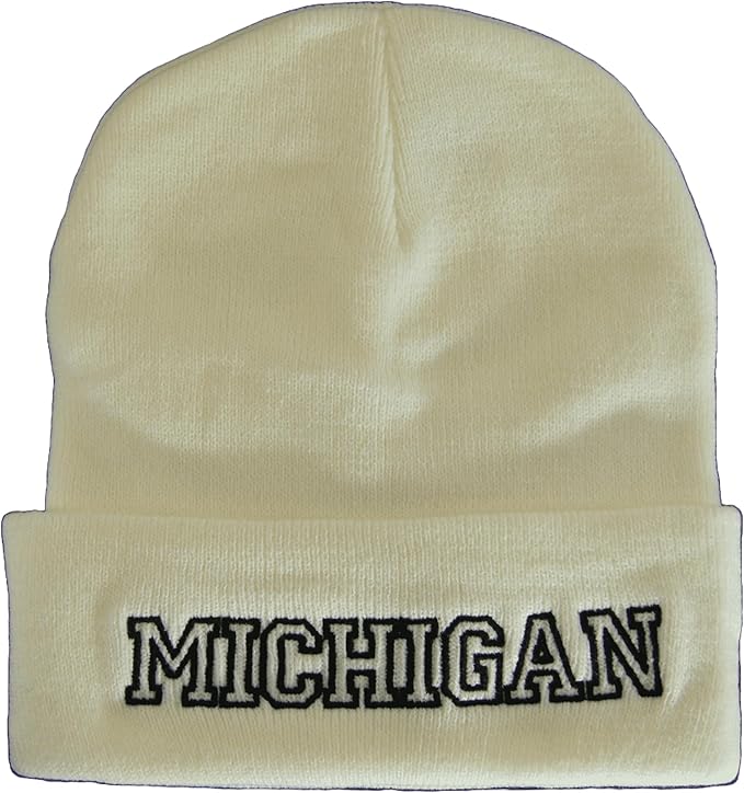 Michigan Cuffed Winter Knit Beanie Toboggan Hat (White/Black)