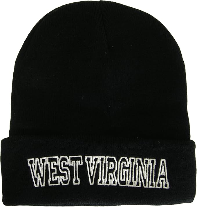 West Virginia Cuffed Winter Knit Beanie Toboggan Hat (Black/White)