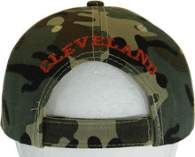 Cleveland City Name Block and Script Lettering Baseball Cap with Embroidered Bill (Military Camo/Red)