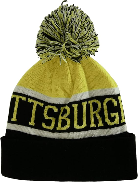 Pittsburgh City Name Wide Stripe Winter Knit Pom Beanie Hat (Gold/Black)