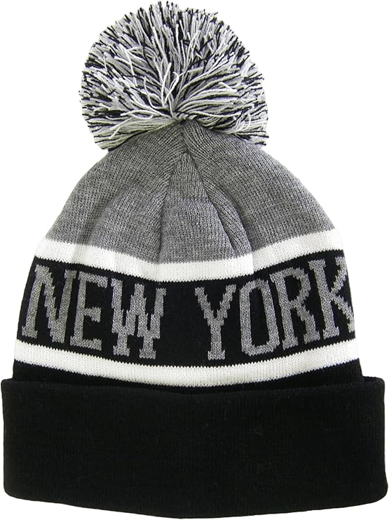 New York City Name Wide Stripe Winter Knit Pom Beanie Hat (Gray/Black)