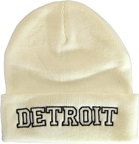 Detroit City Name Cuffed Winter Knit Beanie Toboggan Hat (White/Black)