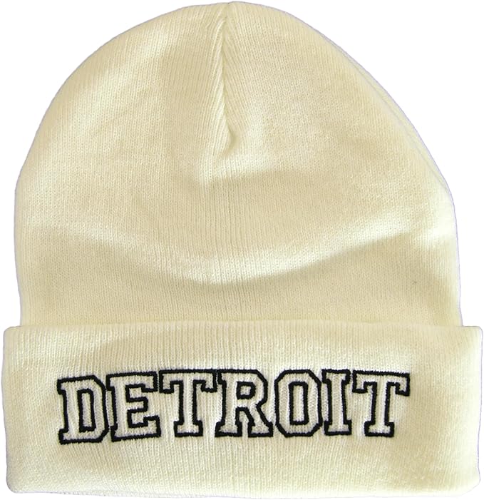 Detroit City Name Cuffed Winter Knit Beanie Toboggan Hat (White/Black)