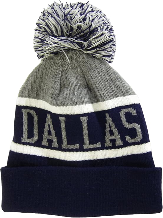 Dallas City Name Wide Stripe Winter Knit Pom Beanie Hat (Gray/Navy)