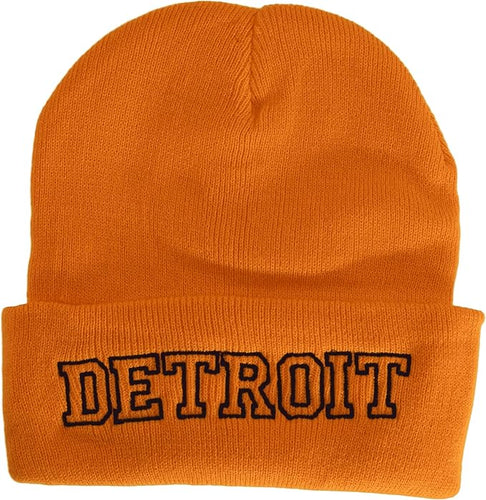 Detroit City Name Cuffed Winter Knit Beanie Toboggan Hat (Orange/Dark Blue)