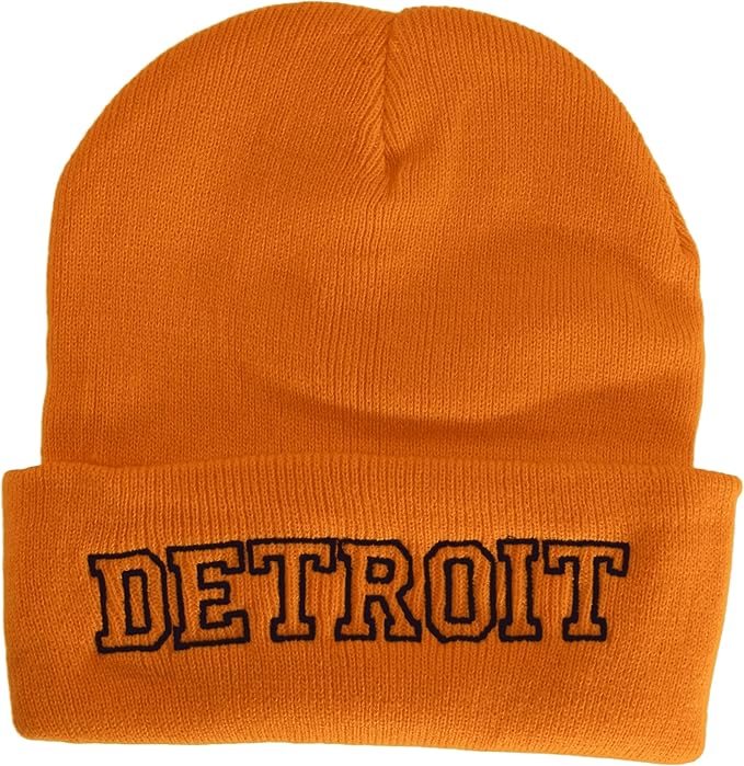 Detroit City Name Cuffed Winter Knit Beanie Toboggan Hat (Orange/Dark Blue)