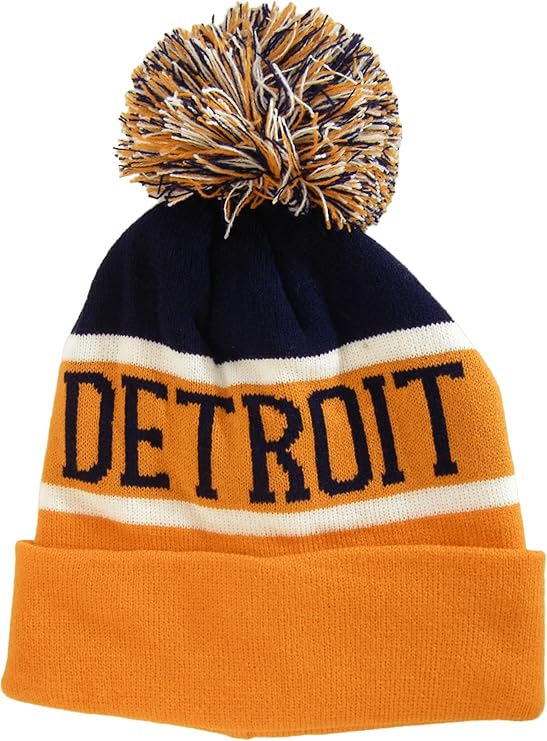 Detroit City Name Wide Stripe Winter Knit Pom Beanie Hat (Navy/Orange)