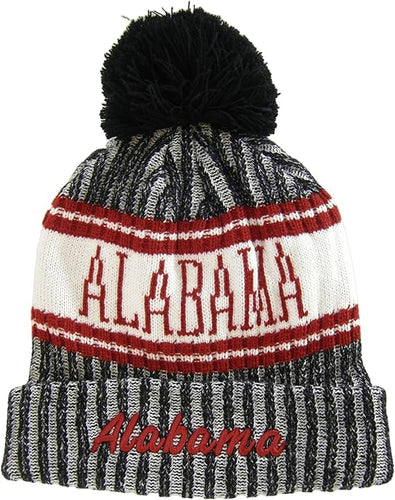 Alabama Plush Lined Embroidered Winter Knit Pom Beanie Hat (Black/Crimson)