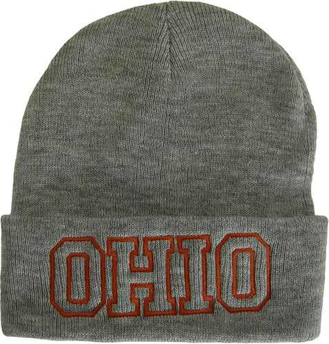 Ohio Cuffed Winter Knit Beanie Toboggan Hat (Gray/Red)