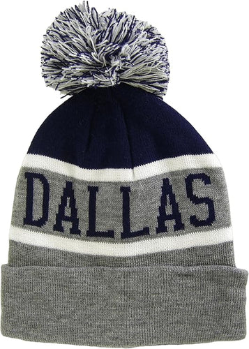 Dallas City Name Wide Stripe Winter Knit Pom Beanie Hat (Navy/Gray)