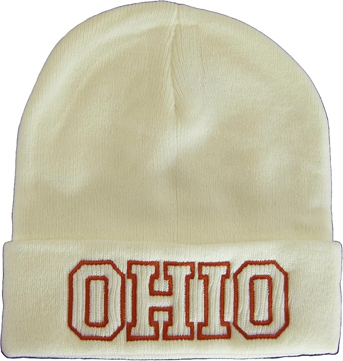 Ohio Cuffed Winter Knit Beanie Toboggan Hat (White/Red)