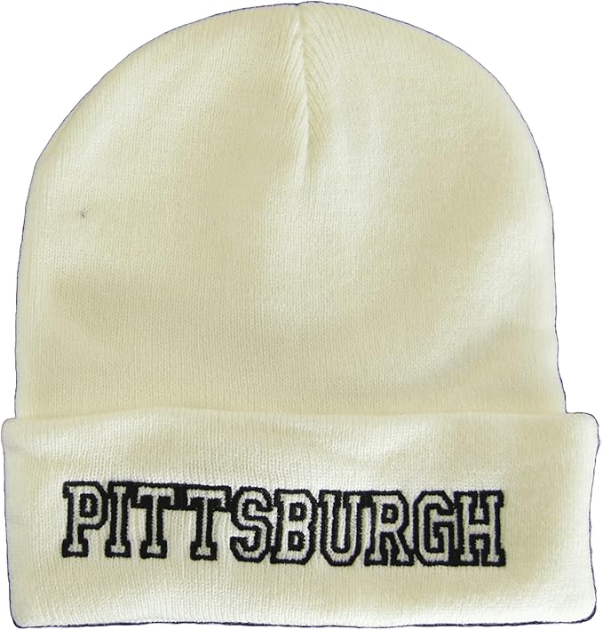 Pittsburgh City Name Cuffed Winter Knit Beanie Toboggan Hat (White/Black)
