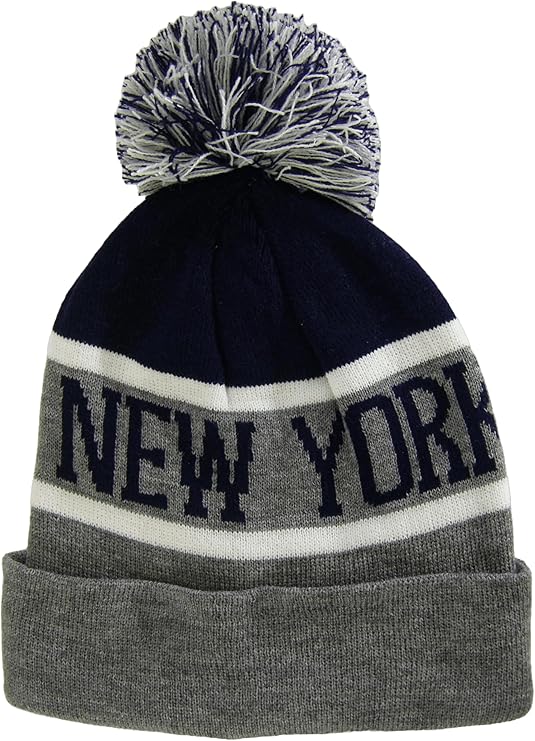 New York City Name Wide Stripe Winter Knit Pom Beanie Hat (Navy/Gray)