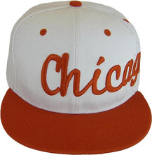 Chicago City Name Offset Script Snapback Baseball Cap (White/Red)