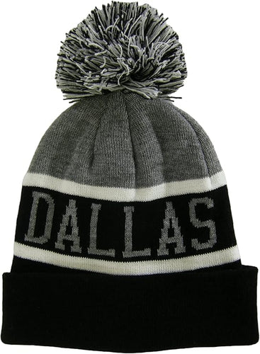 Dallas City Name Wide Stripe Winter Knit Pom Beanie Hat (Gray/Black)