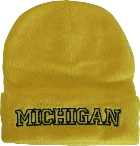 Michigan Cuffed Winter Knit Beanie Toboggan Hat (Gold/Dark Blue)