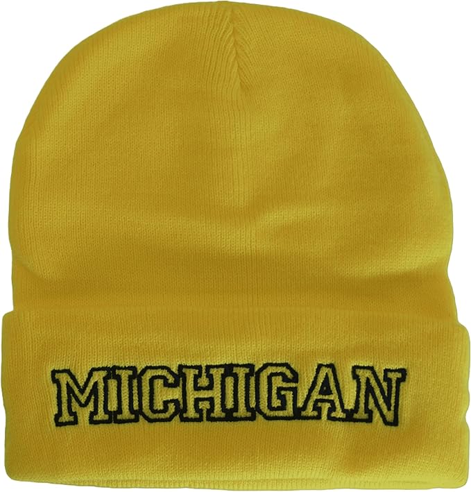 Michigan Cuffed Winter Knit Beanie Toboggan Hat (Gold/Dark Blue)
