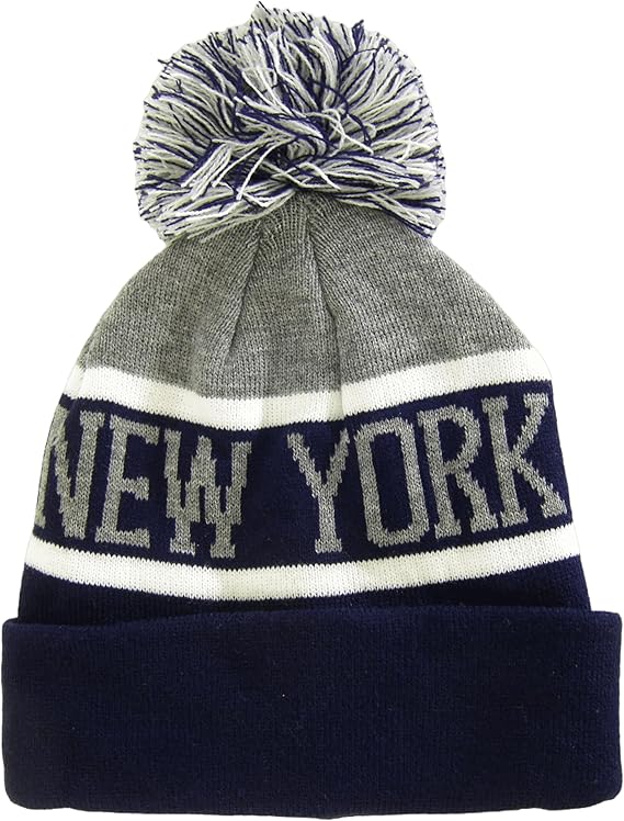 New York City Name Wide Stripe Winter Knit Pom Beanie Hat (Gray/Navy)