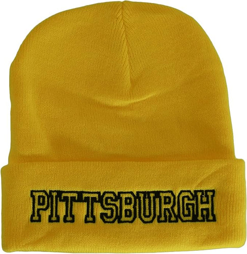 Pittsburgh City Name Cuffed Winter Knit Beanie Toboggan Hat (Gold/Black)