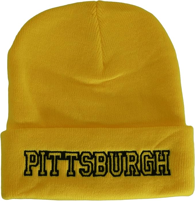 Pittsburgh City Name Cuffed Winter Knit Beanie Toboggan Hat (Gold/Black)