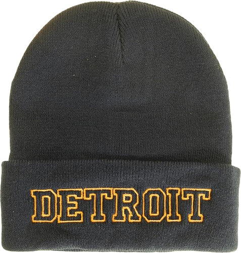 Detroit City Name Cuffed Winter Knit Beanie Toboggan Hat (Dark Blue/Orange)