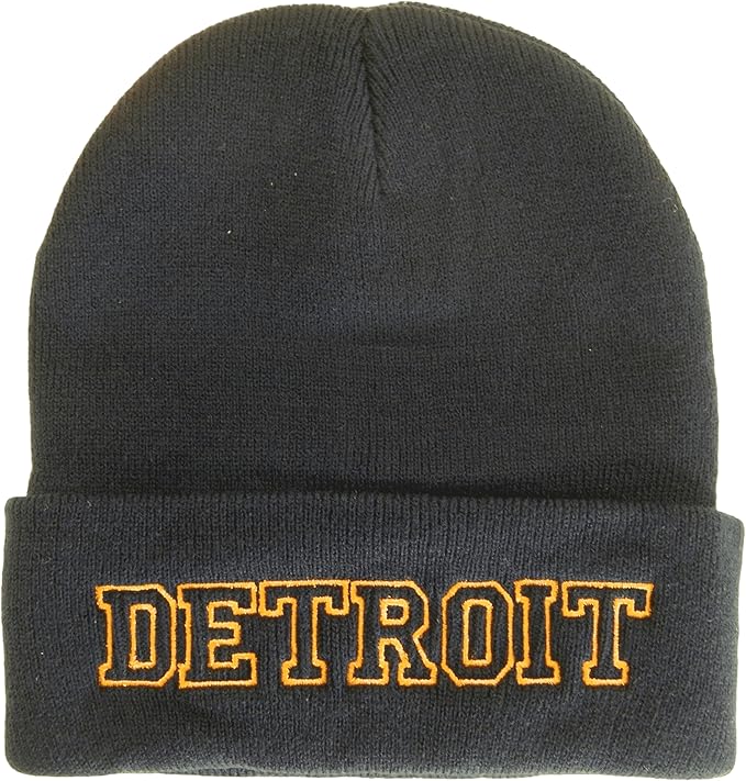 Detroit City Name Cuffed Winter Knit Beanie Toboggan Hat (Dark Blue/Orange)