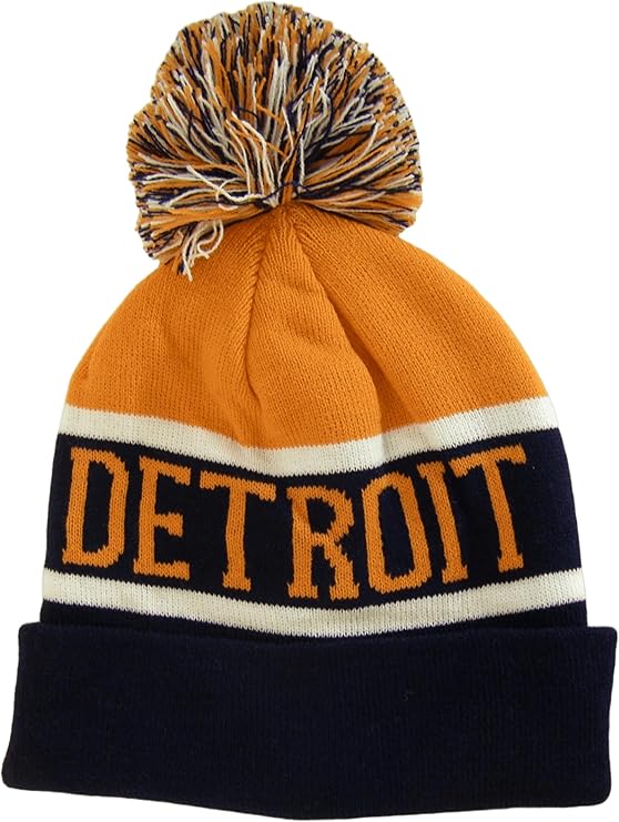 Detroit City Name Wide Stripe Winter Knit Pom Beanie Hat (Orange/Navy)