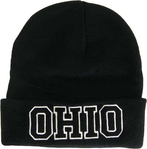 Ohio Cuffed Winter Knit Beanie Toboggan Hat (Black/White)