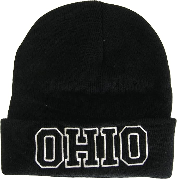 Ohio Cuffed Winter Knit Beanie Toboggan Hat (Black/White)