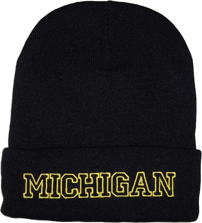 Michigan Cuffed Winter Knit Beanie Toboggan Hat (Dark Blue/Gold)