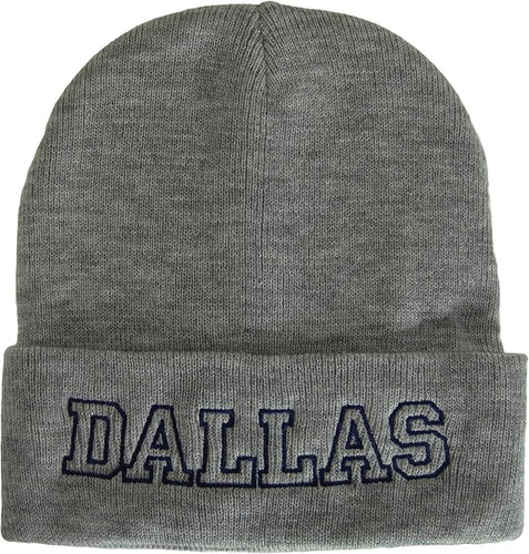 Dallas City Name Cuffed Winter Knit Beanie Toboggan Hat (Gray/Navy)