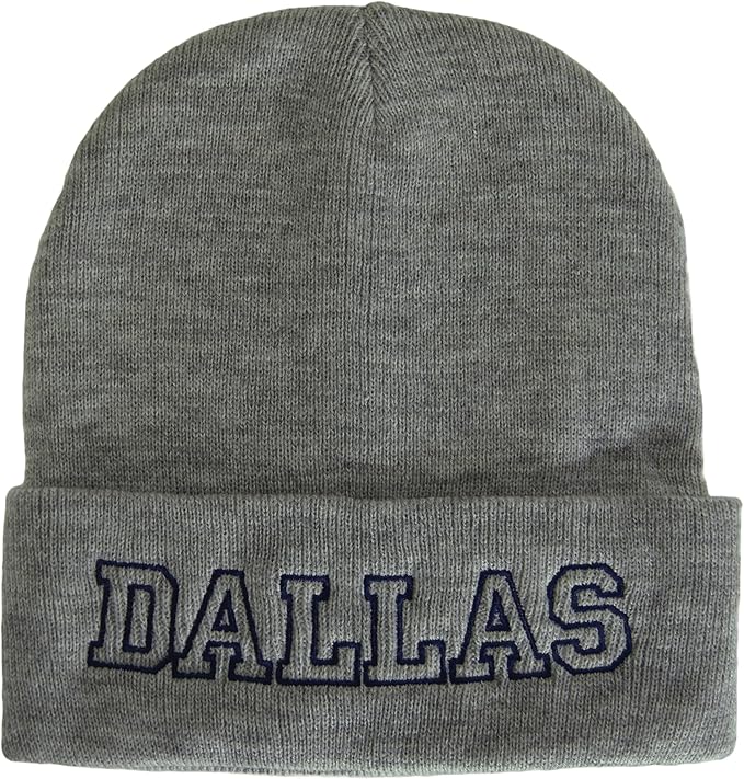 Dallas City Name Cuffed Winter Knit Beanie Toboggan Hat (Gray/Navy)